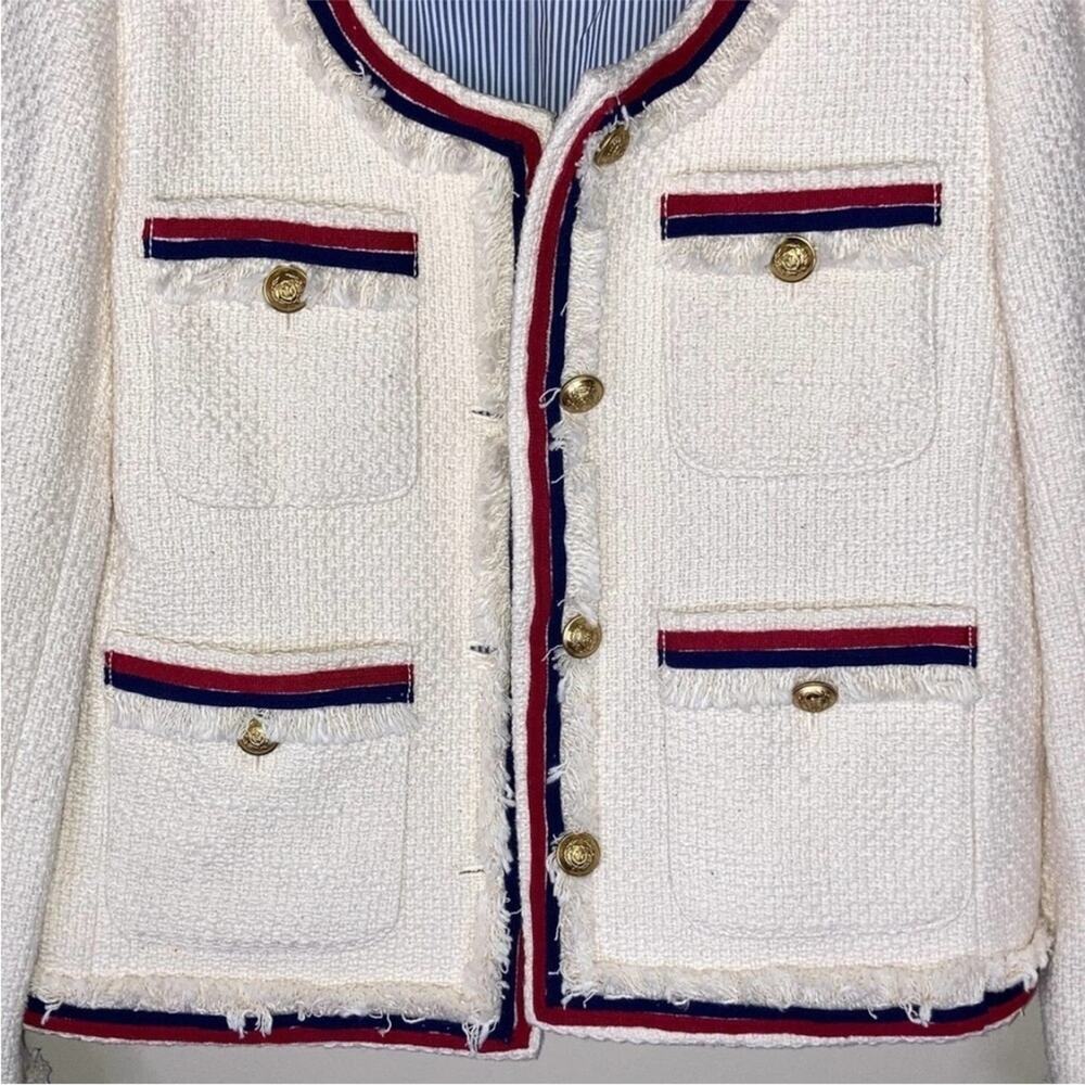 J.Crew Tweed Fringy Lady Jacket Blazer Classic red blue Four Pockets Size 6 6P - Picture 11 of 14